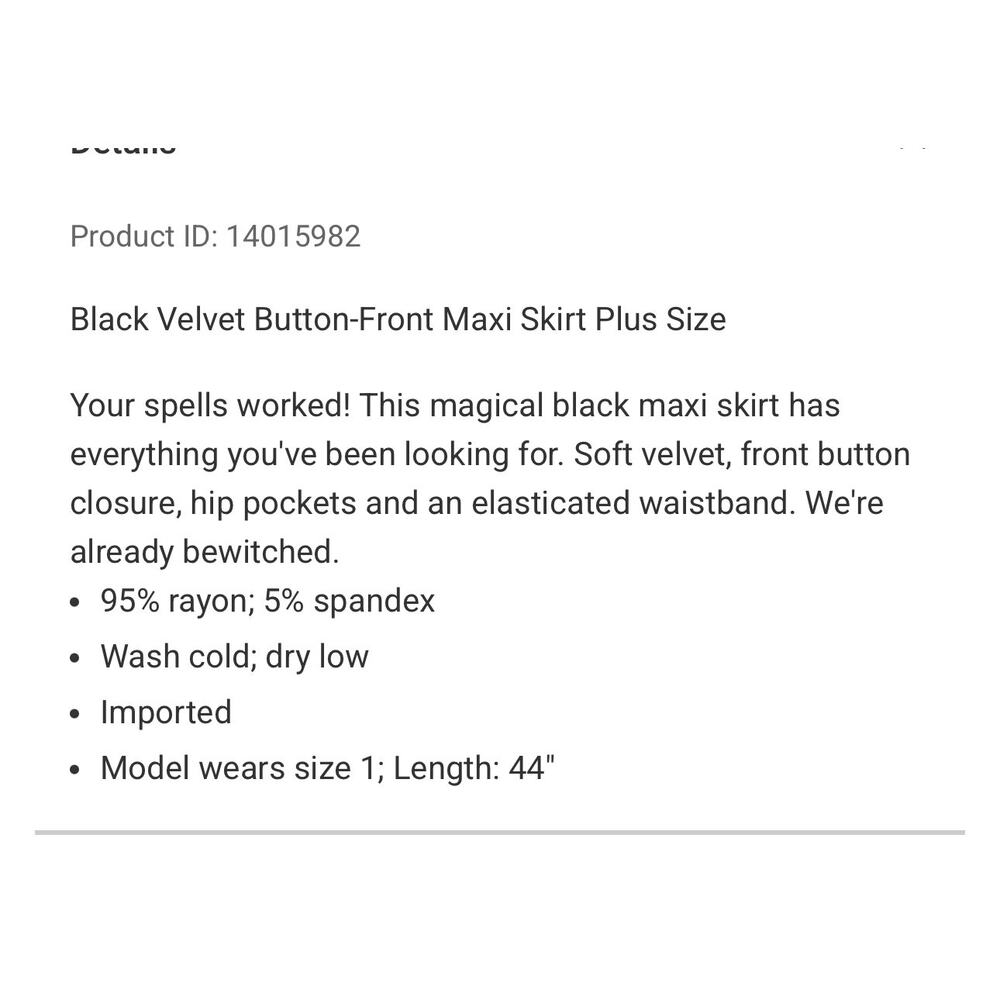 Hot Topic size 2 2x Black Velvet Button-Front Maxi Skirt Plus Size - Picture 5 of 13